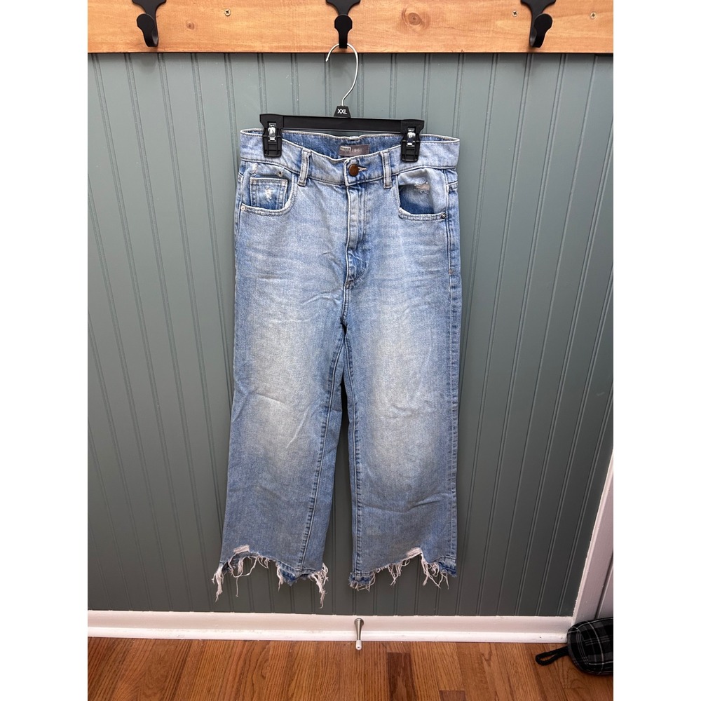 DL1961 Hepburn Wide Leg High Rise Jeans‎ Light Wash Distressed Raw Hem Size 25